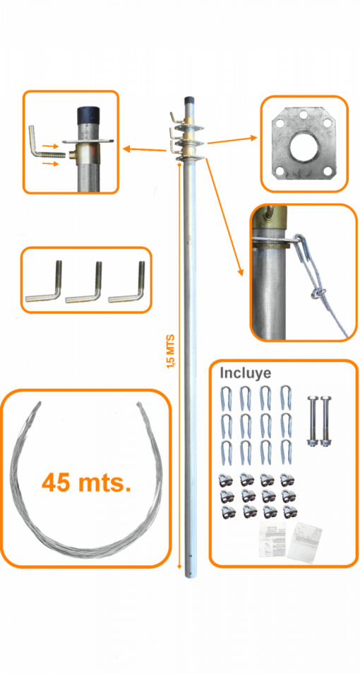 Mastil telescópico de 4.5 metros con vientos 3x1,5 mts