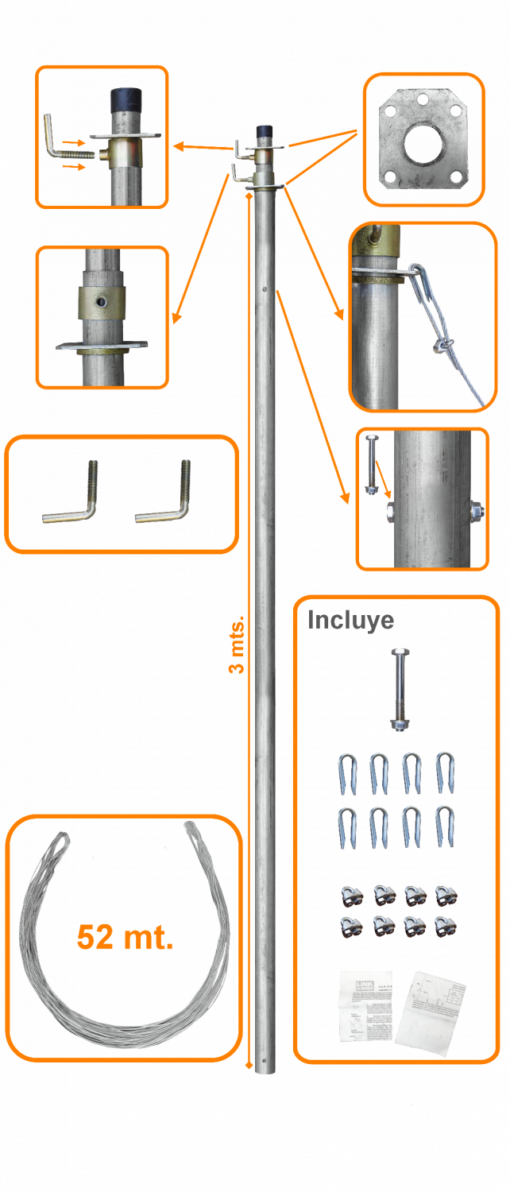 Mastil telescópico de 6 metros con vientos 2x3.2 mts